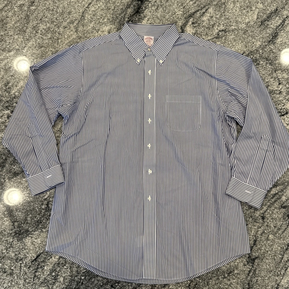 Brooks Brothers Madison Dress Shirt 17-34 XL White Blue Stripe #G49